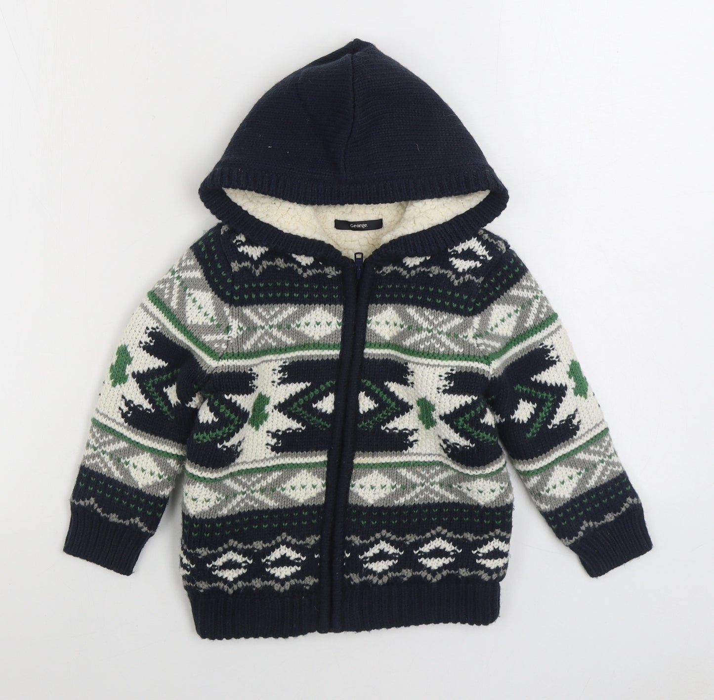 George Boys Blue Fair Isle Jacket Coatigan Size 3-4 Years Zip - Fleece Lined
