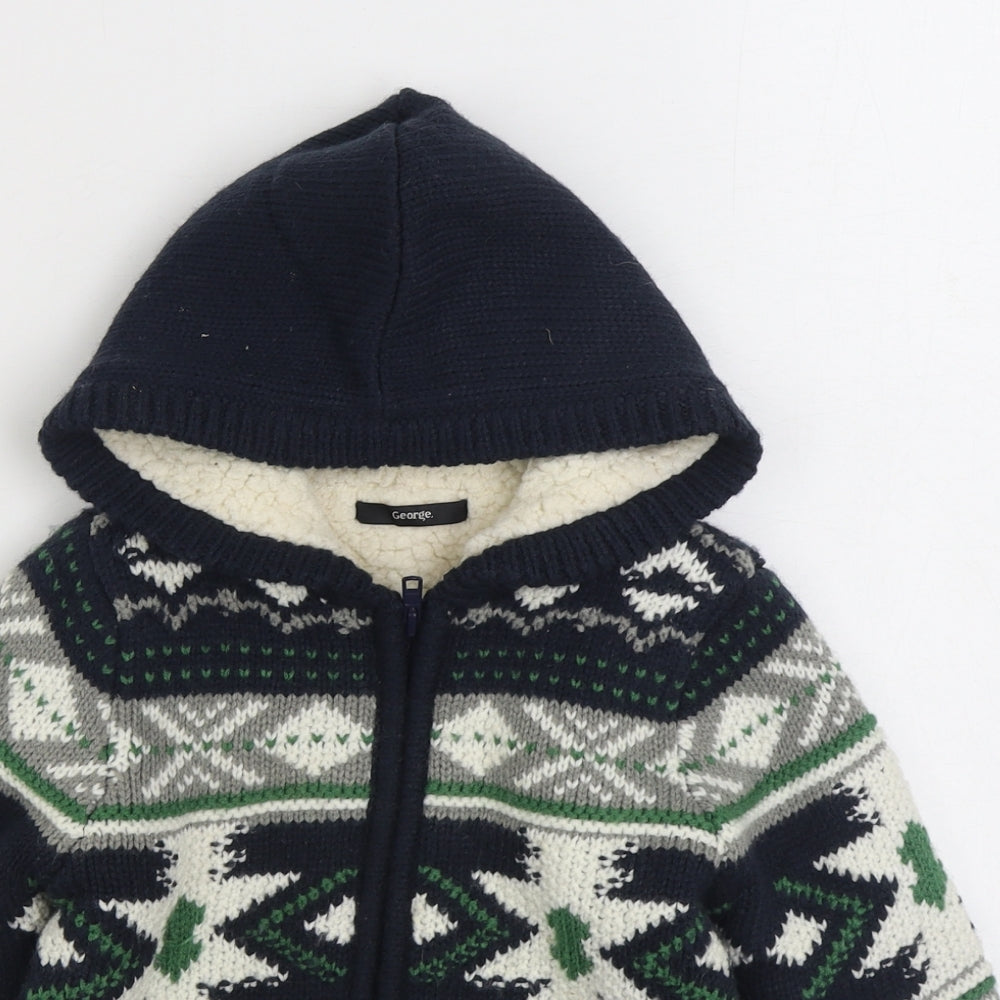 George Boys Blue Fair Isle Jacket Coatigan Size 3-4 Years Zip - Fleece Lined