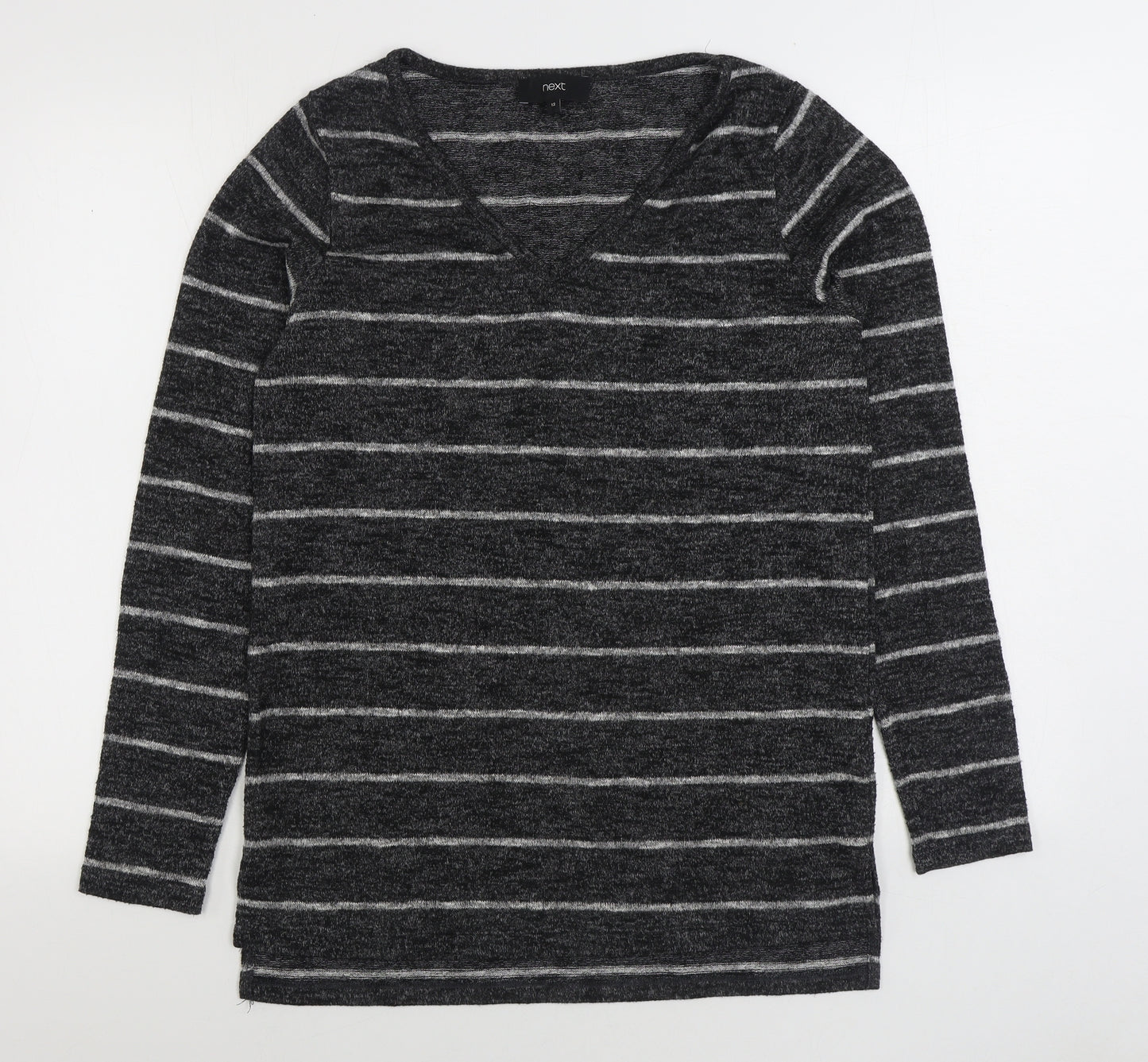 NEXT Womens Grey V-Neck Striped Polyester Pullover Jumper Size 12