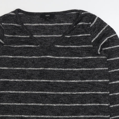 NEXT Womens Grey V-Neck Striped Polyester Pullover Jumper Size 12