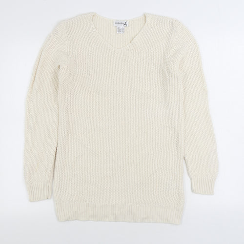 Collection Womens White V-Neck Cotton Pullover Jumper Size 14