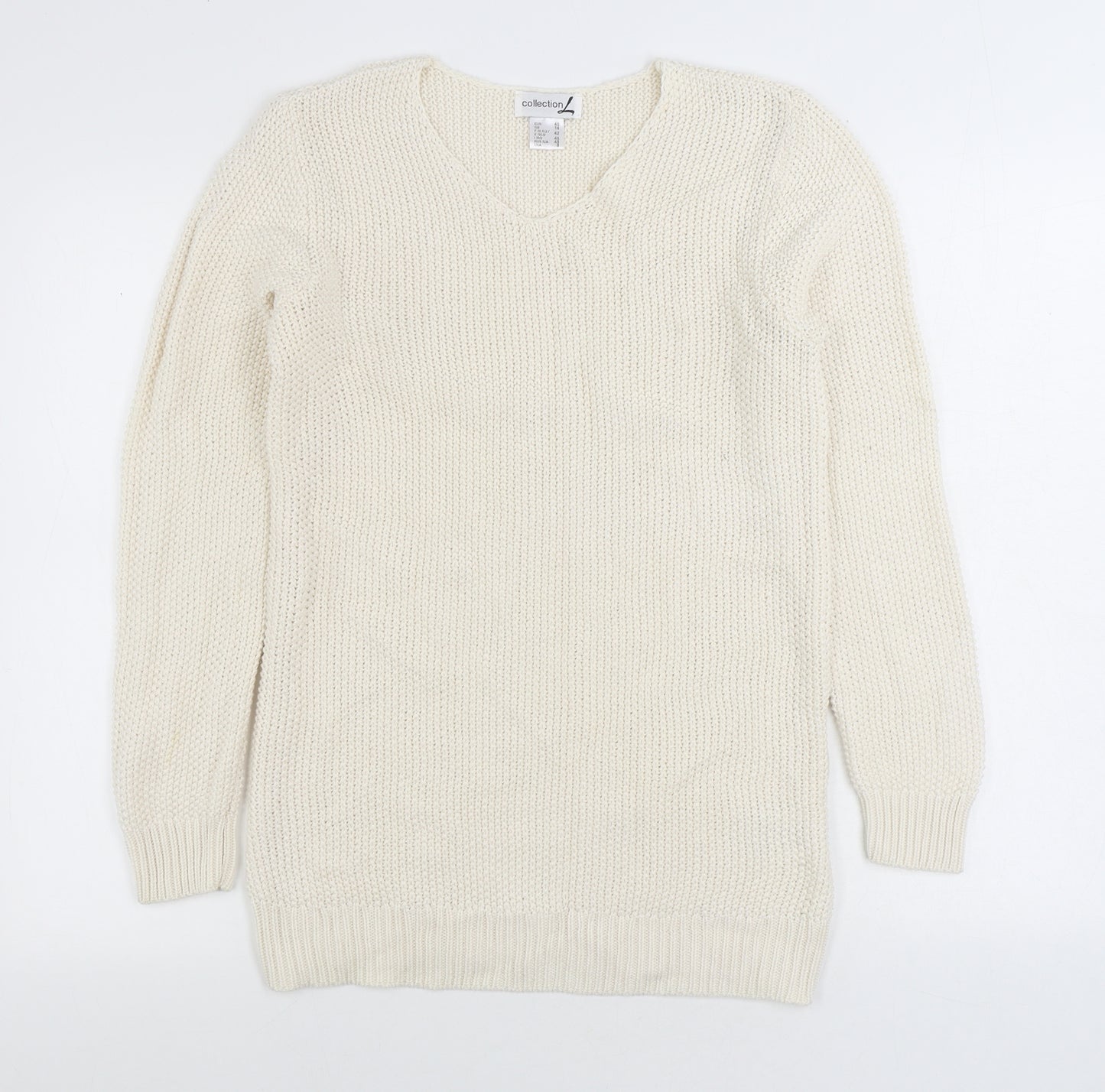 Collection Womens White V-Neck Cotton Pullover Jumper Size 14
