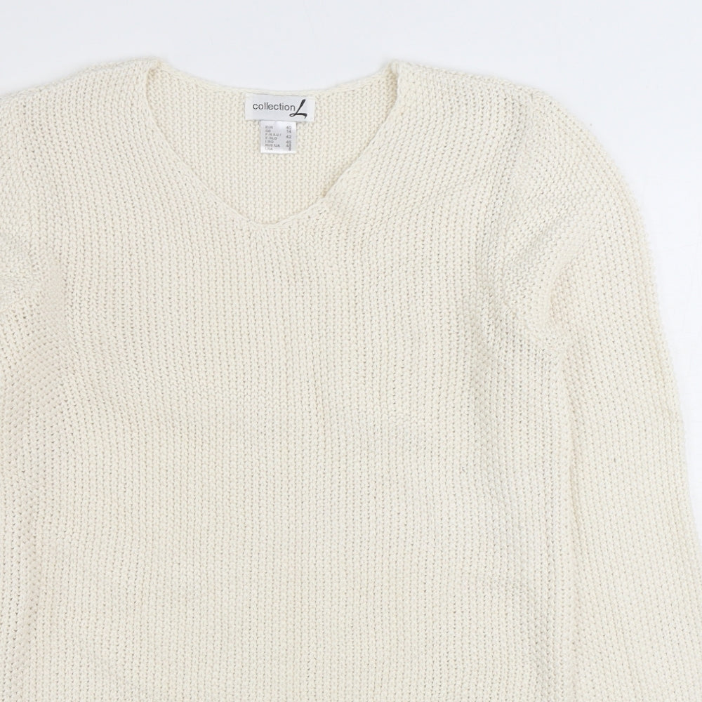 Collection Womens White V-Neck Cotton Pullover Jumper Size 14
