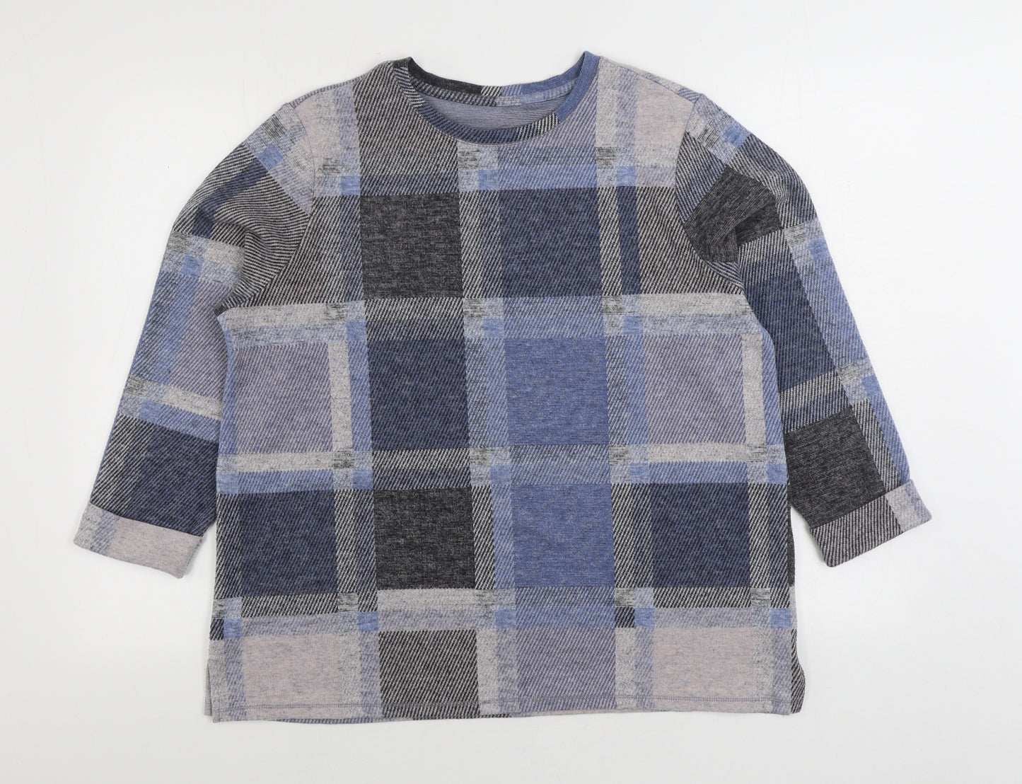 Marks and Spencer Womens Blue Round Neck Plaid Viscose Pullover Jumper Size 16