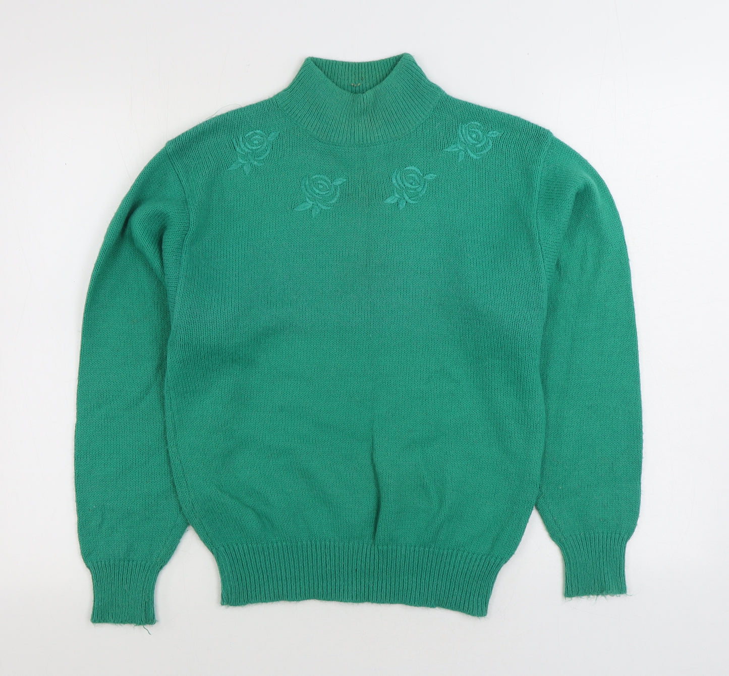 Poppy Womens Green Mock Neck Floral Acrylic Pullover Jumper Size S