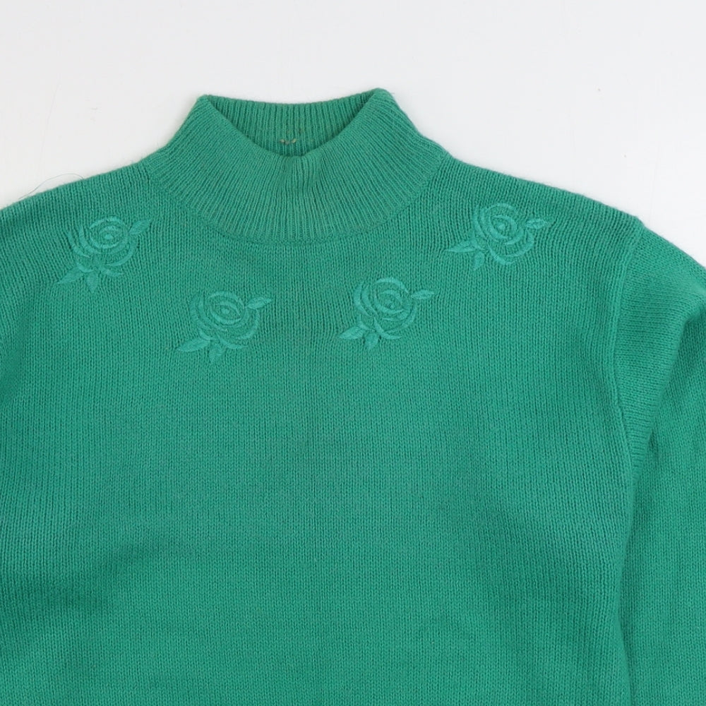 Poppy Womens Green Mock Neck Floral Acrylic Pullover Jumper Size S
