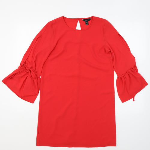 New Look Womens Red Polyester Shift Size 8 Round Neck Button