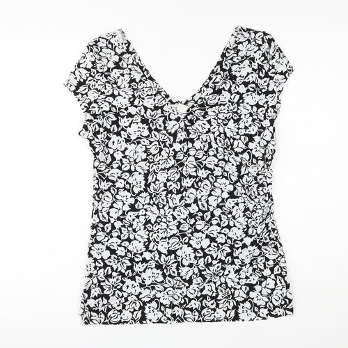 White House Womens Black Floral Polyester Basic T-Shirt Size M V-Neck