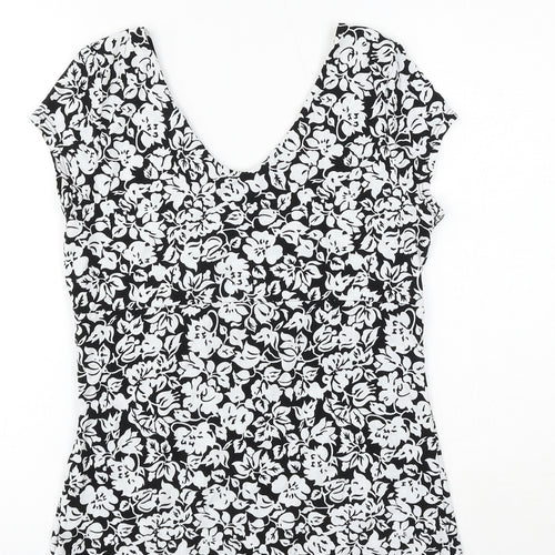 White House Womens Black Floral Polyester Basic T-Shirt Size M V-Neck