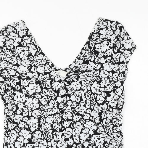 White House Womens Black Floral Polyester Basic T-Shirt Size M V-Neck