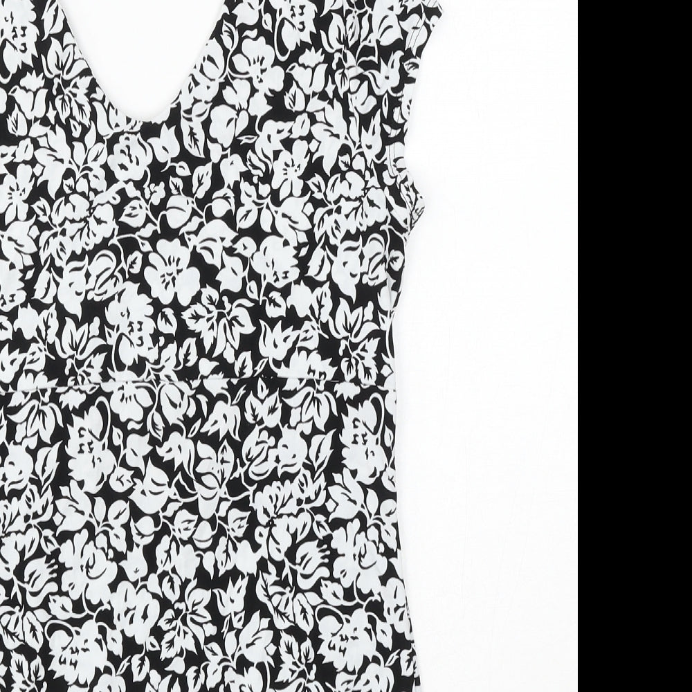 White House Womens Black Floral Polyester Basic T-Shirt Size M V-Neck