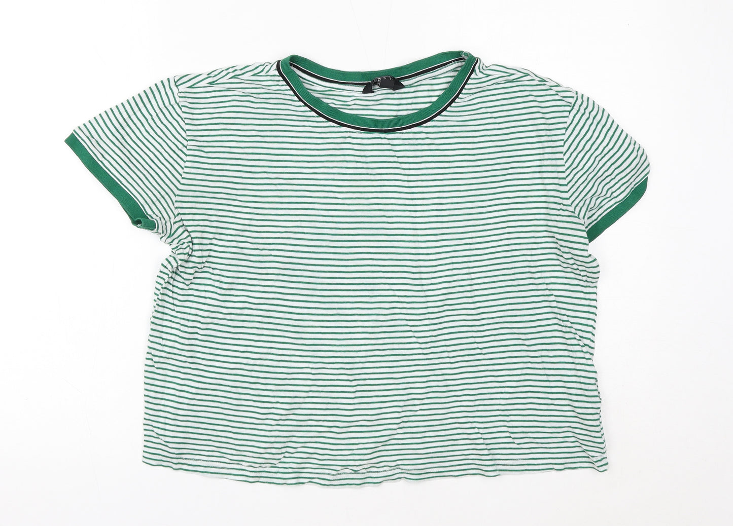 New Look Womens Green Striped Cotton Basic T-Shirt Size 16 Round Neck