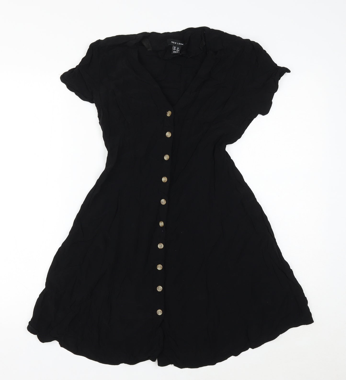 New Look Womens Black Viscose Skater Dress Size 12 V-Neck Button
