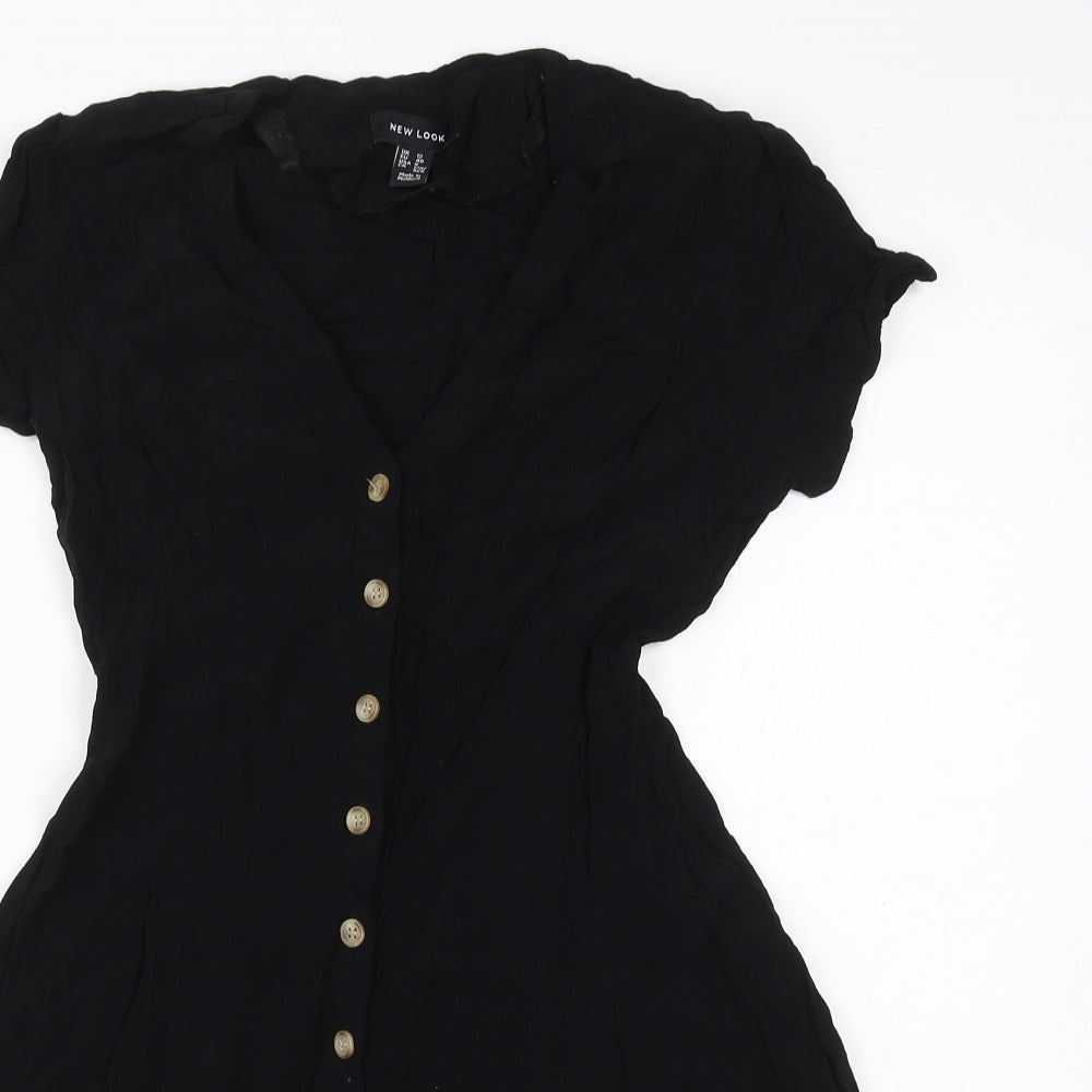 New Look Womens Black Viscose Skater Dress Size 12 V-Neck Button