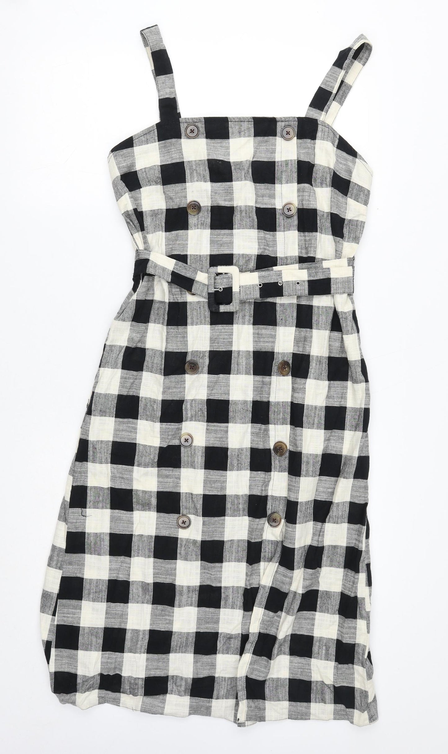 Primark Womens Black Gingham Cotton Pinafore/Dungaree Dress Size 14 Square Neck Button