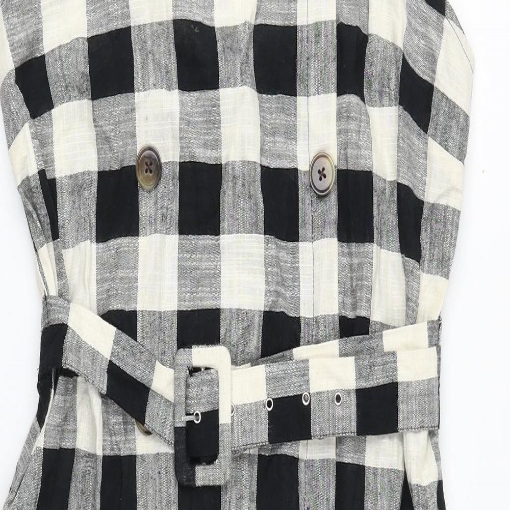 Primark Womens Black Gingham Cotton Pinafore/Dungaree Dress Size 14 Square Neck Button