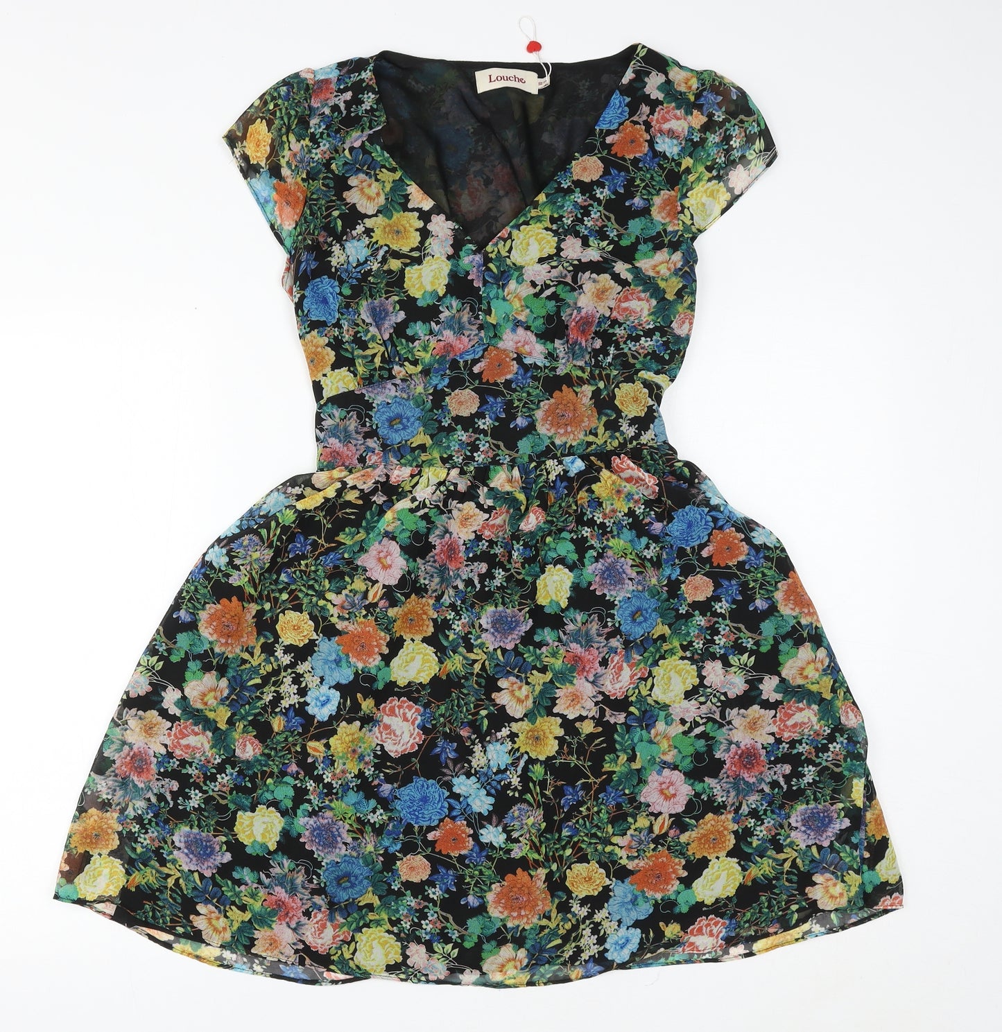 Louche Womens Multicoloured Floral Polyester Skater Dress Size 10 V-Neck Zip