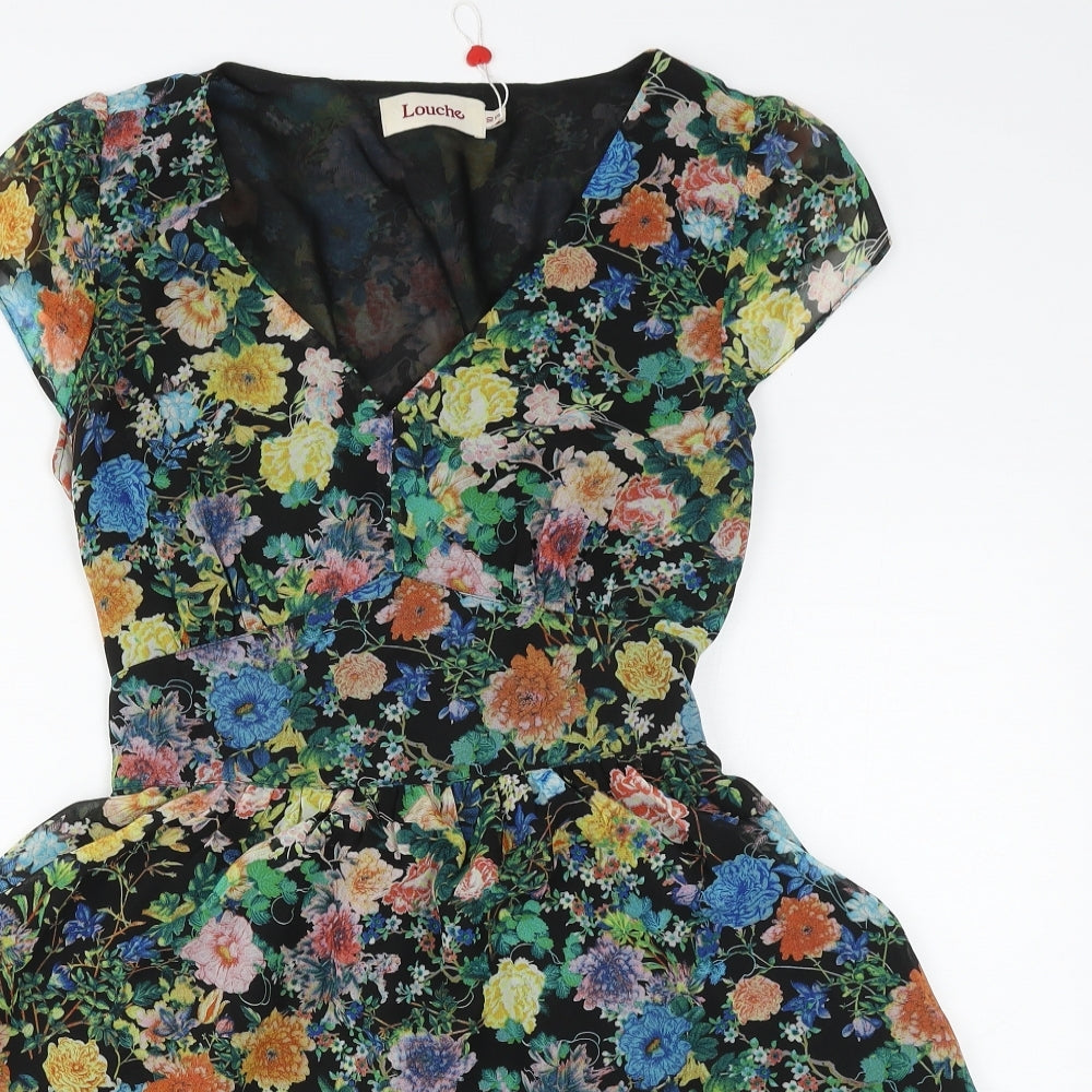 Louche Womens Multicoloured Floral Polyester Skater Dress Size 10 V-Neck Zip