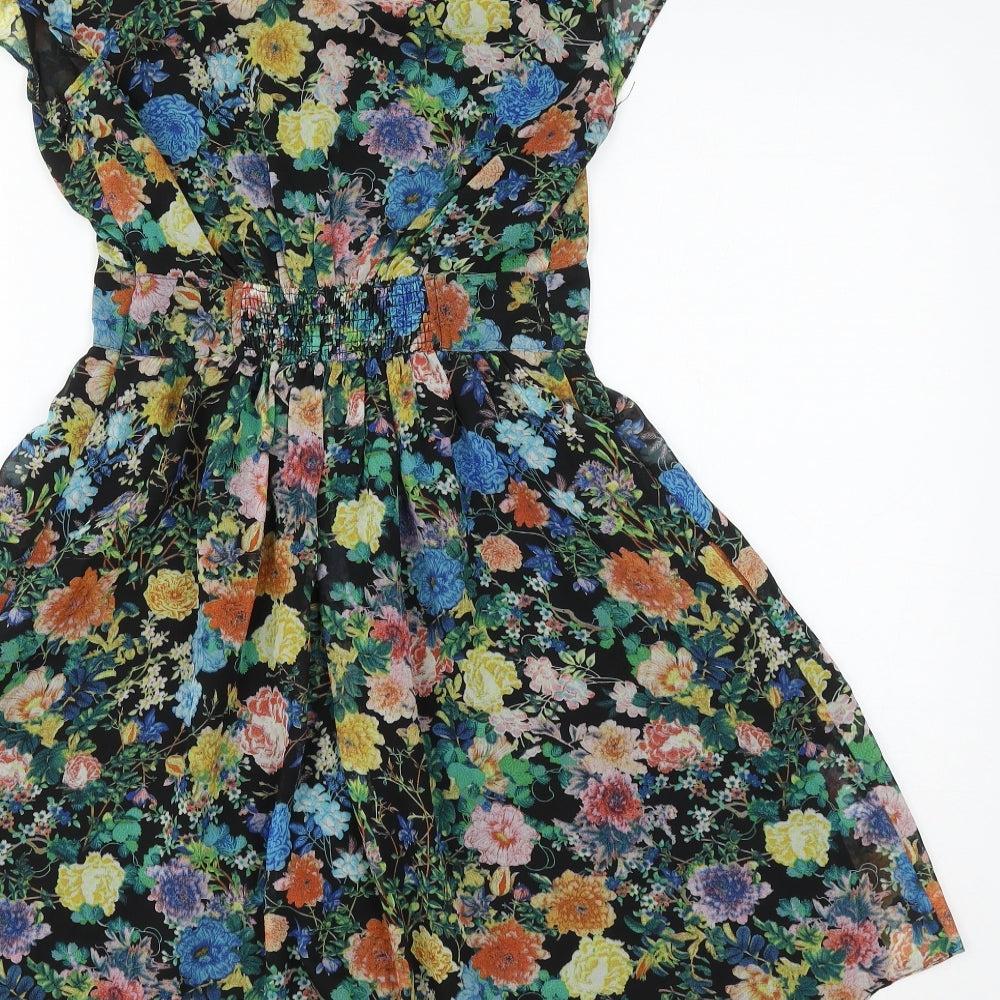Louche Womens Multicoloured Floral Polyester Skater Dress Size 10 V-Neck Zip