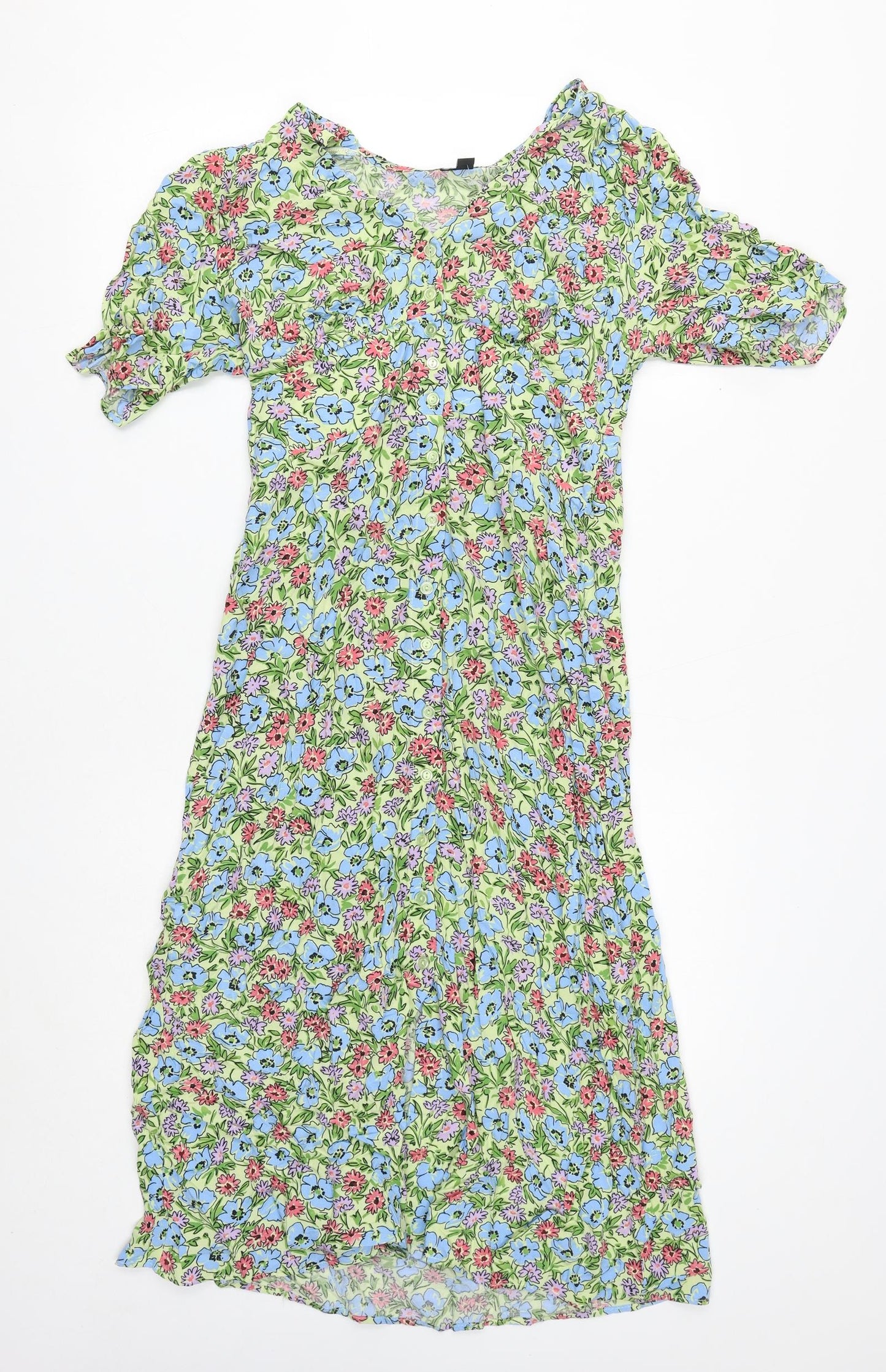 Preworn Womens Multicoloured Geometric Polyester Shirt Dress Size 12 V-Neck Button