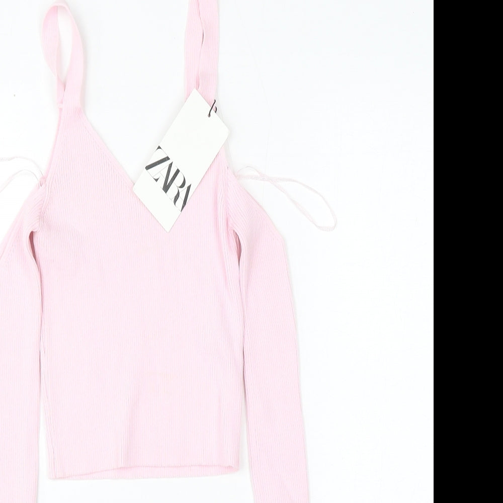 Zara Womens Pink V-Neck Polyamide Pullover Jumper Size S