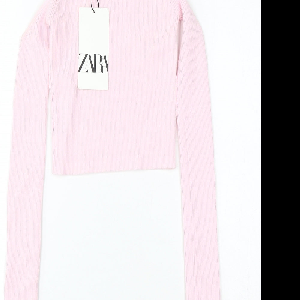 Zara Womens Pink V-Neck Polyamide Pullover Jumper Size S