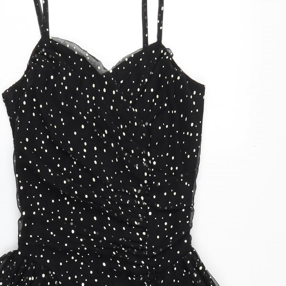 Berkertex Womens Black Polka Dot Polyester Skater Dress Size 10 V-Neck Zip