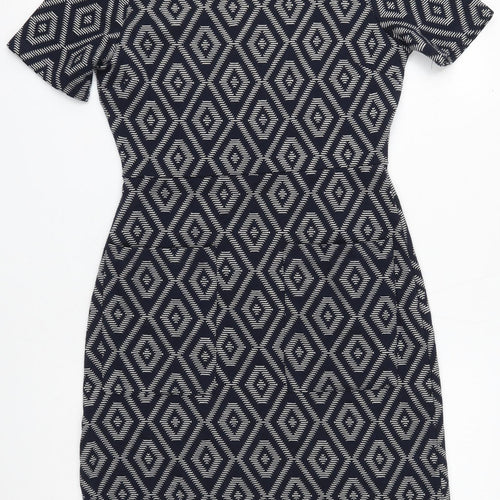 NEXT Womens Blue Geometric Polyester Sheath Size 6 Round Neck Pullover