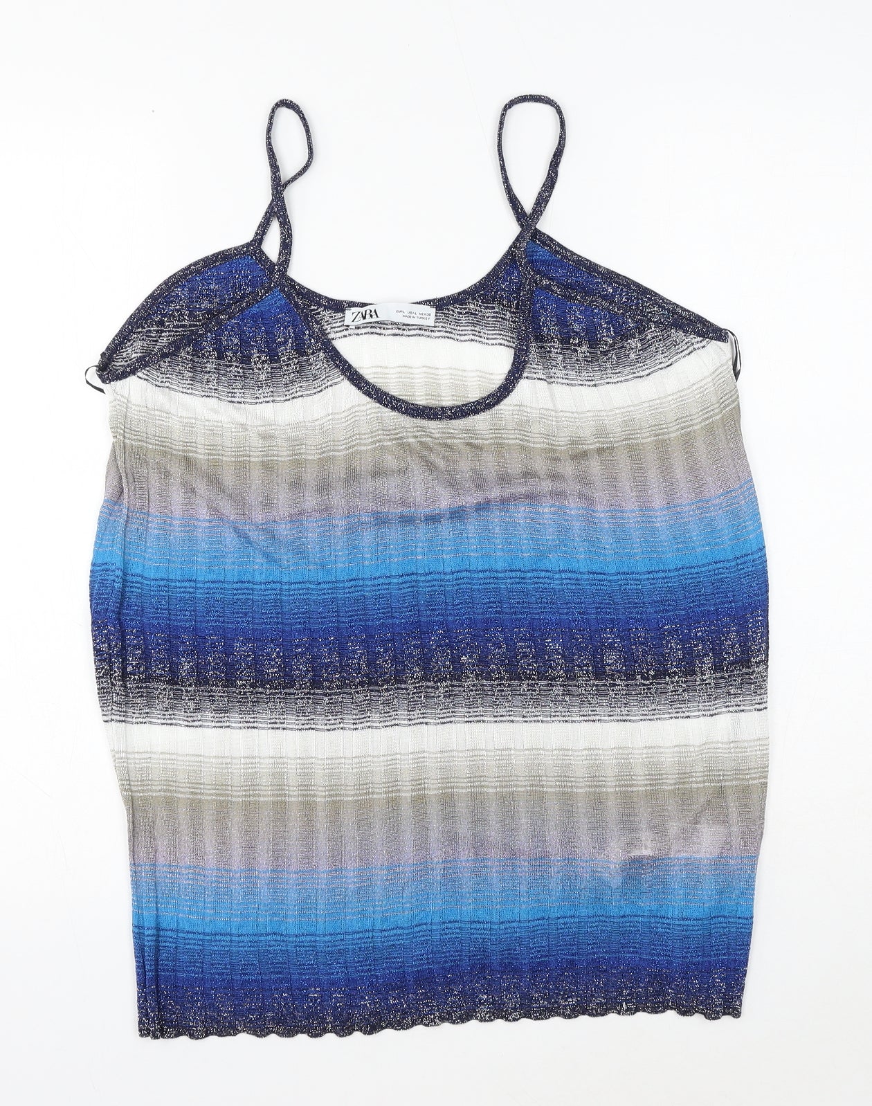 Zara Womens Blue Striped Polyester Camisole Blouse Size L Round Neck