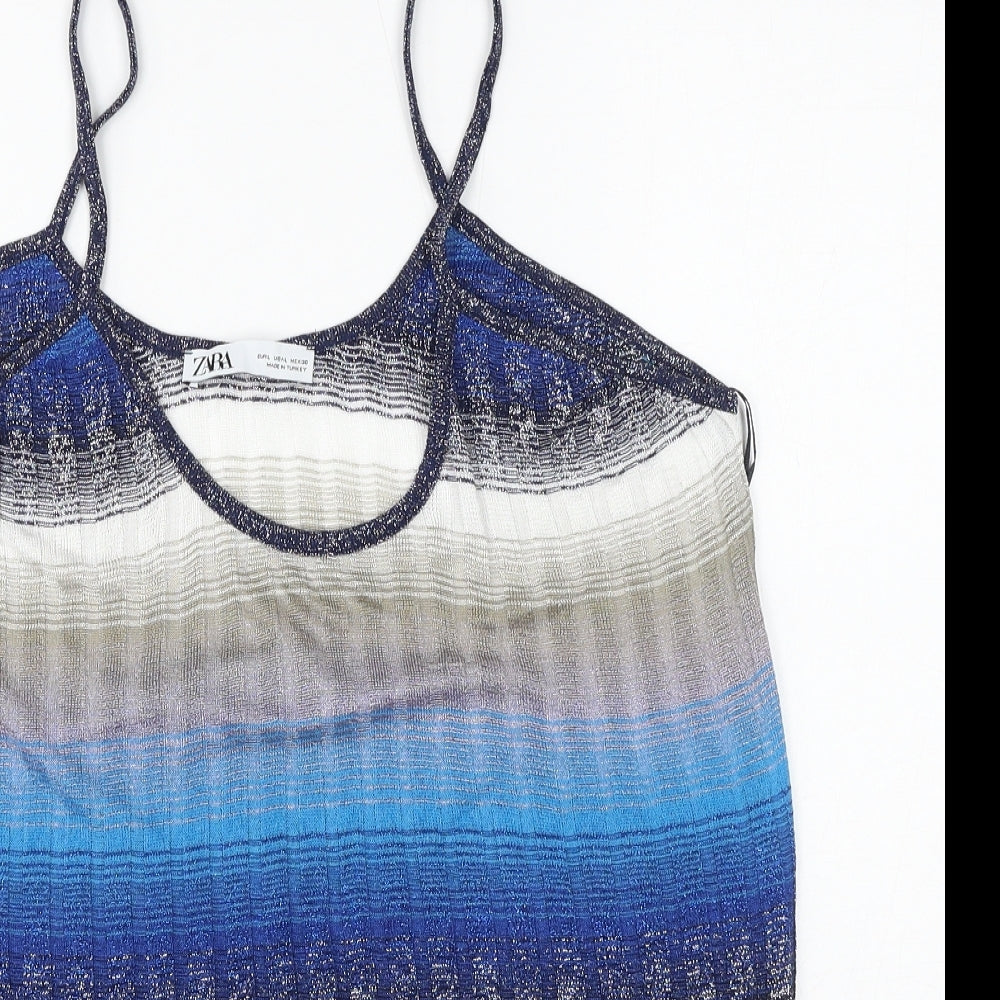 Zara Womens Blue Striped Polyester Camisole Blouse Size L Round Neck