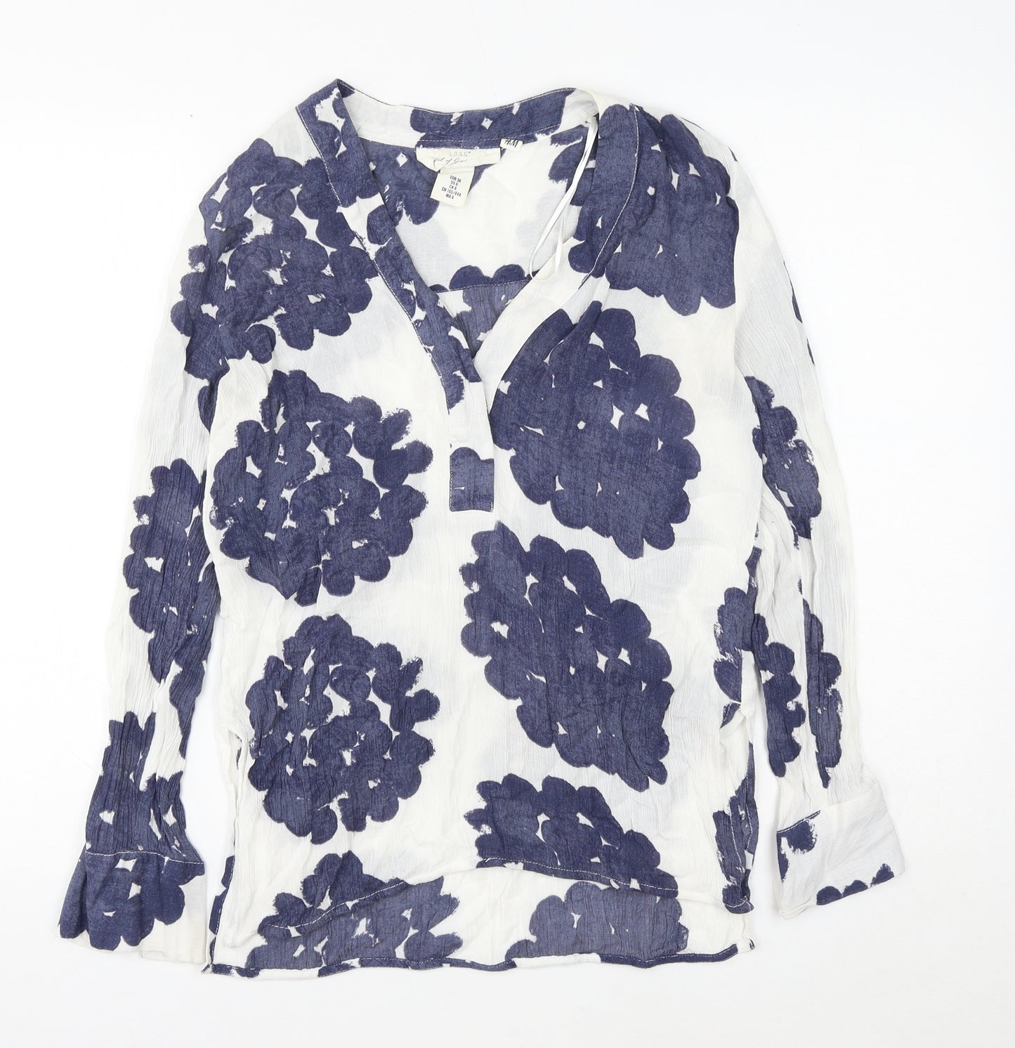 H&M Womens Blue Geometric Viscose Basic Button-Up Size 6 V-Neck