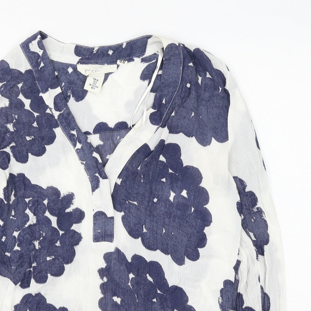 H&M Womens Blue Geometric Viscose Basic Button-Up Size 6 V-Neck