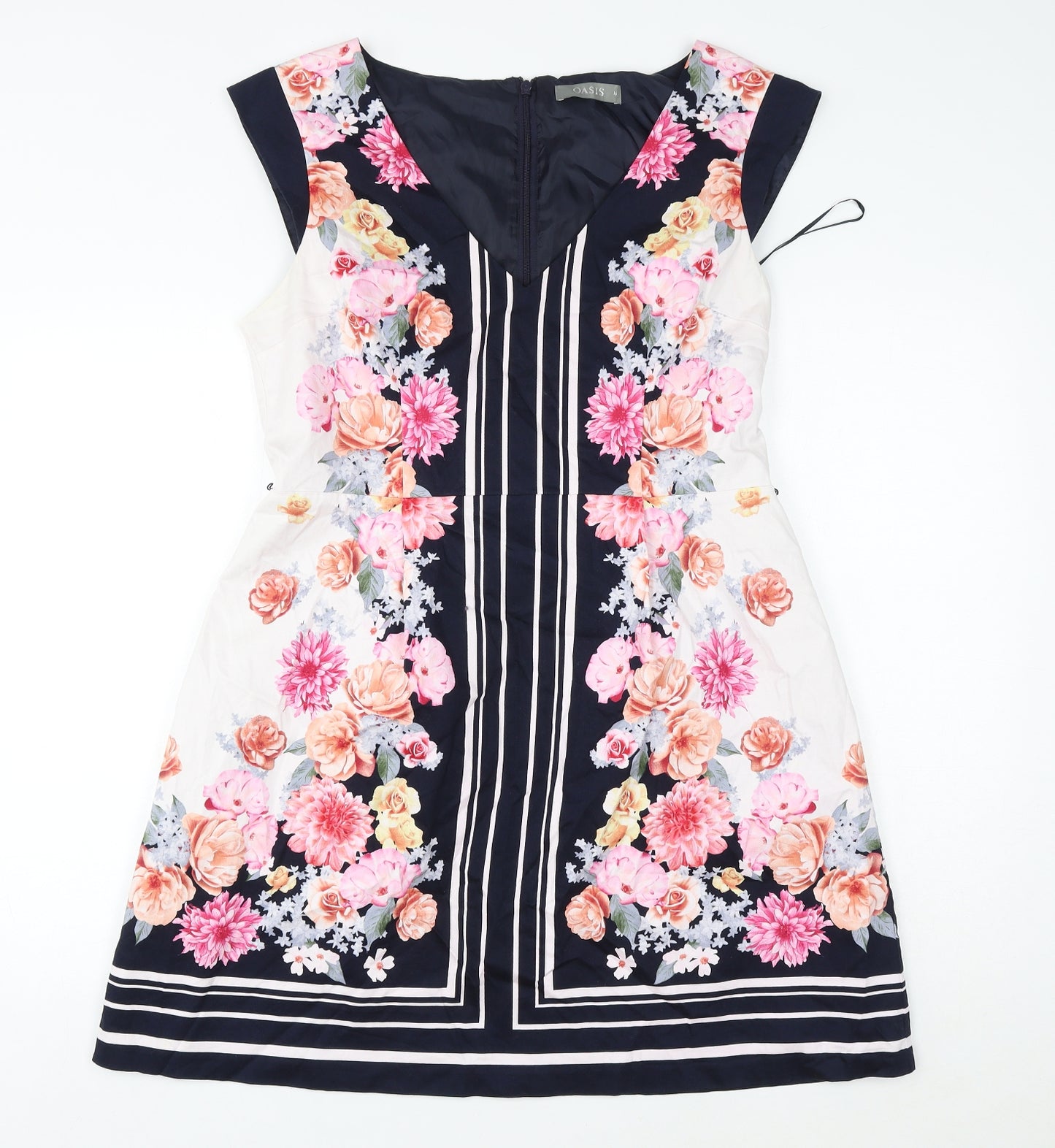 Oasis Womens Multicoloured Floral Cotton Sheath Size 16 V-Neck Zip