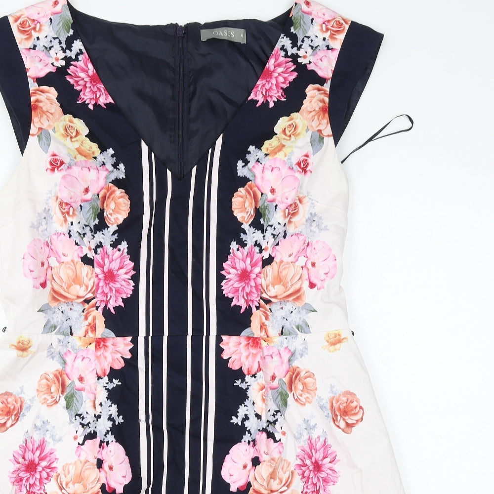 Oasis Womens Multicoloured Floral Cotton Sheath Size 16 V-Neck Zip