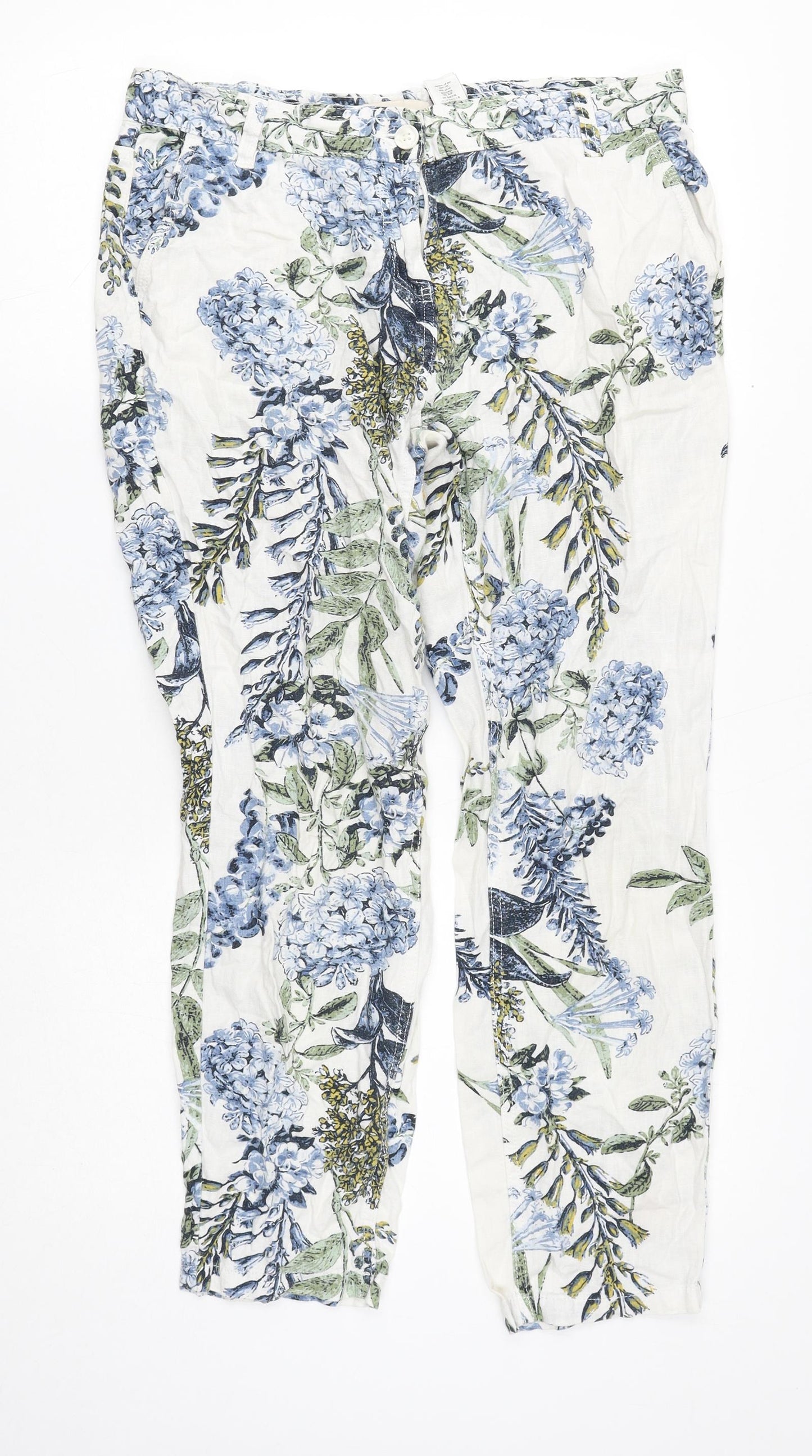 NEXT Womens Multicoloured Floral Linen Chino Trousers Size 12 L27 in Regular Button