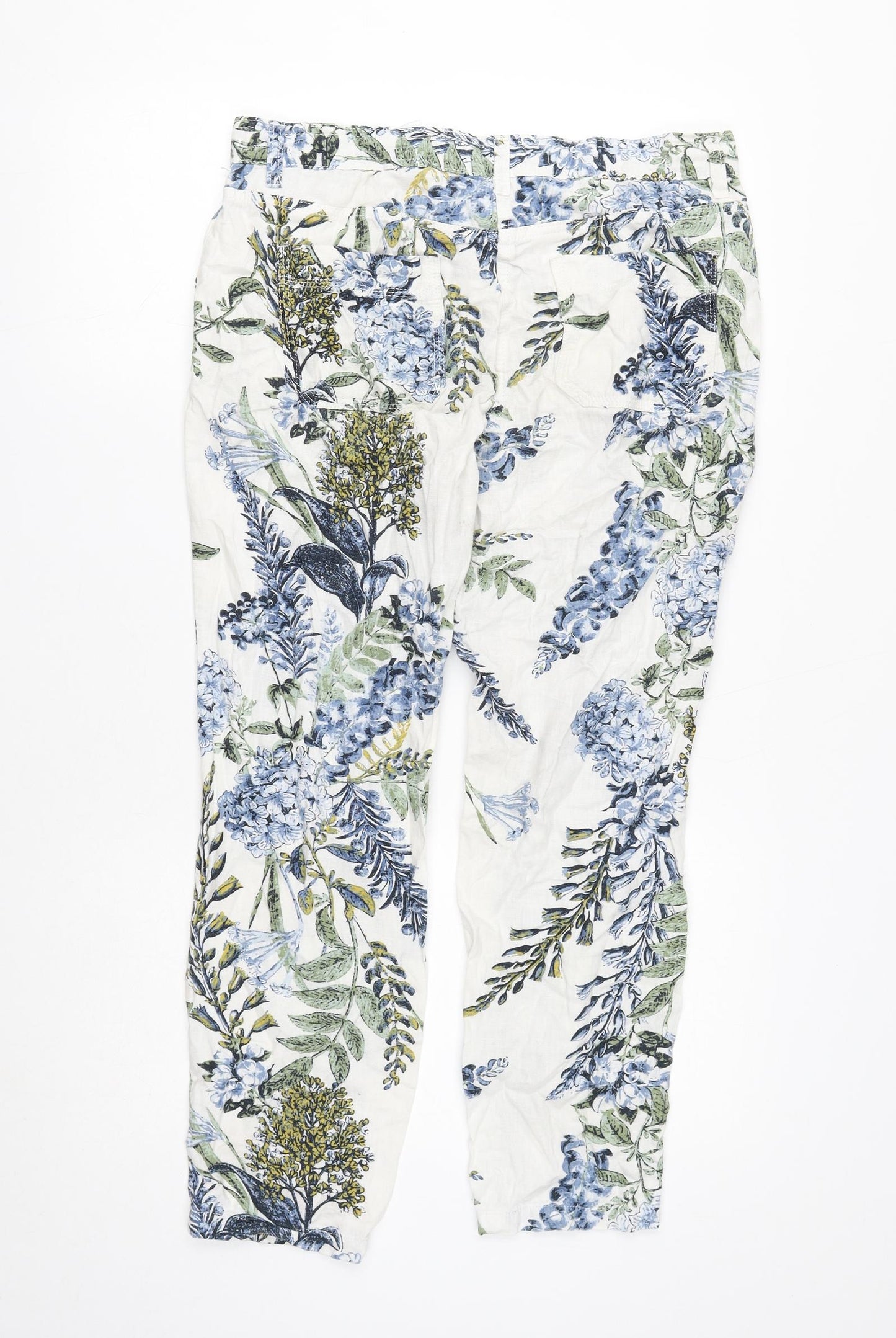 NEXT Womens Multicoloured Floral Linen Chino Trousers Size 12 L27 in Regular Button