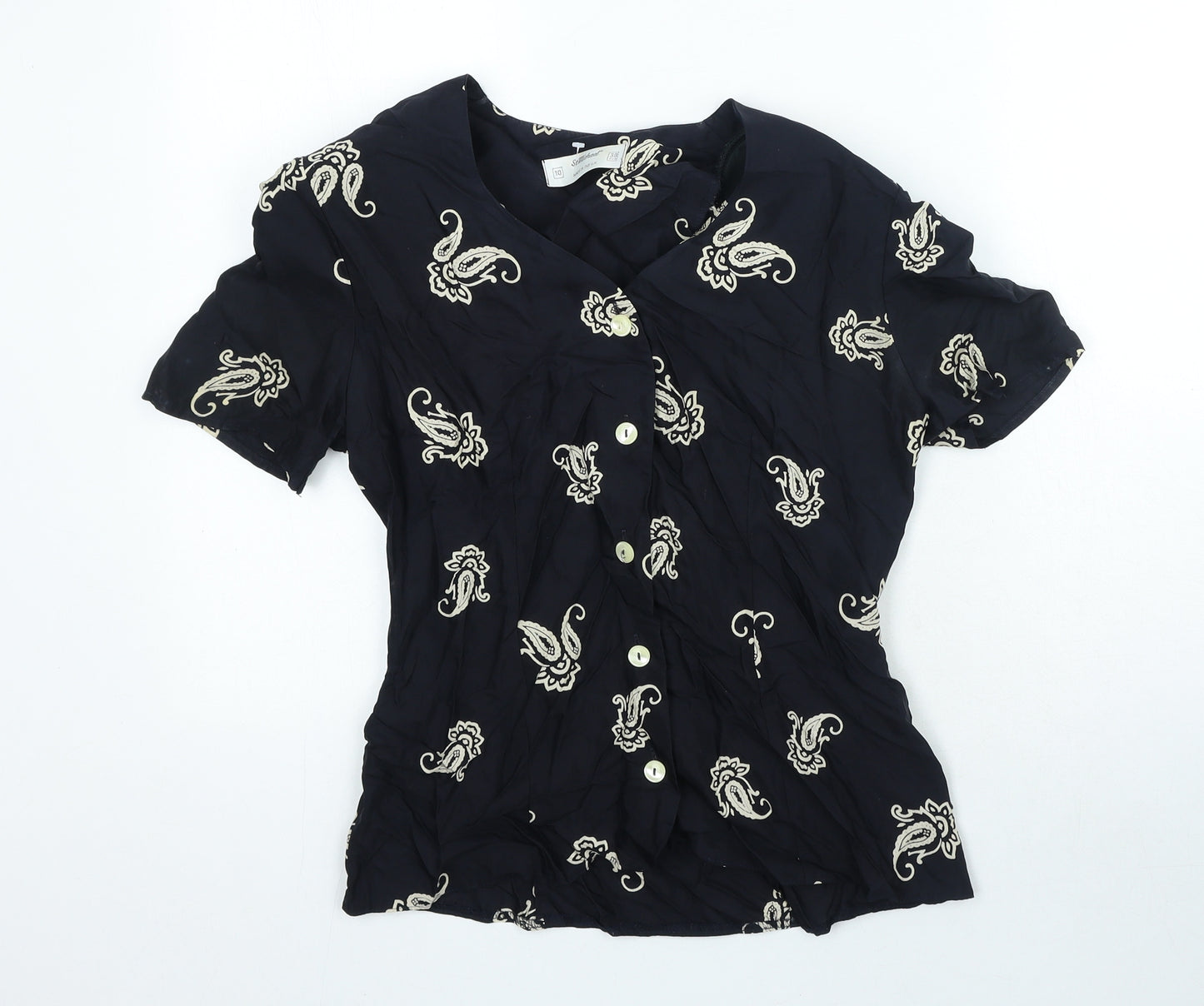 St Micheal Womens Black Paisley Viscose Basic Blouse Size 10 V-Neck - Shoulder Pads