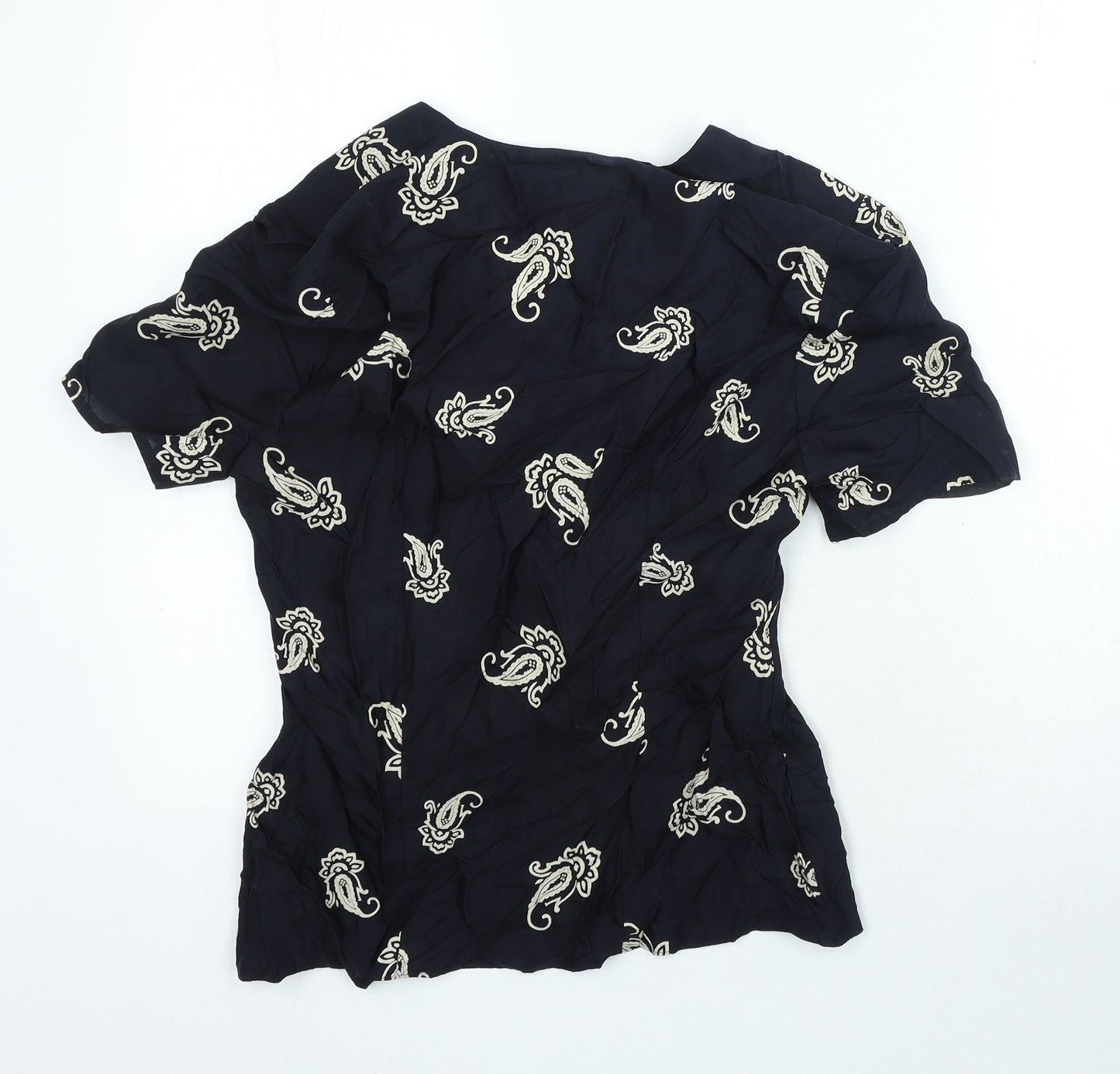 St Micheal Womens Black Paisley Viscose Basic Blouse Size 10 V-Neck - Shoulder Pads