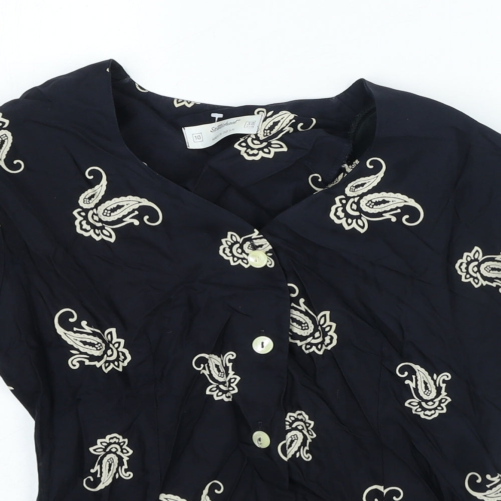 St Micheal Womens Black Paisley Viscose Basic Blouse Size 10 V-Neck - Shoulder Pads