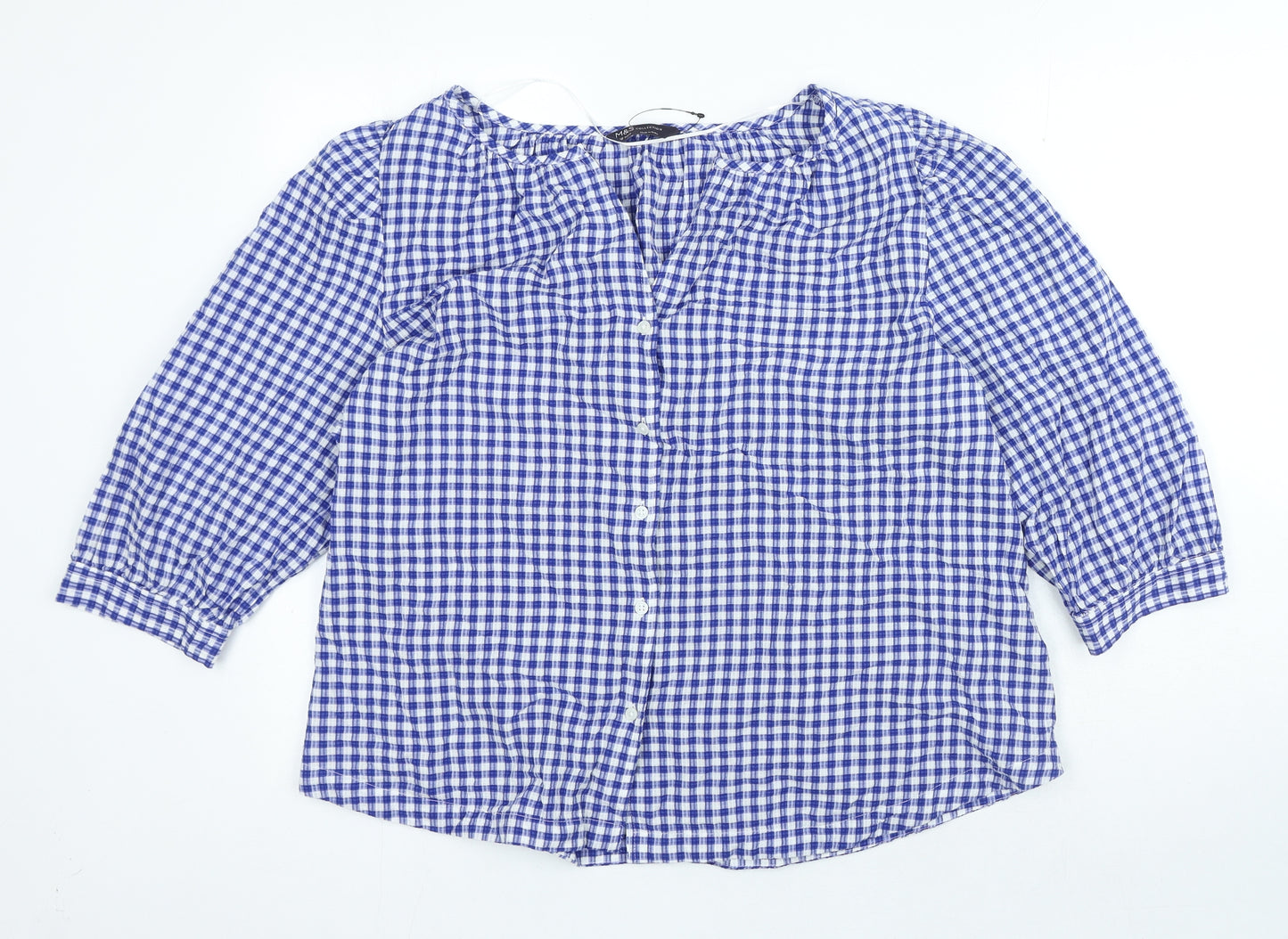 Marks and Spencer Womens Blue Check Cotton Basic Blouse Size 18 Square Neck