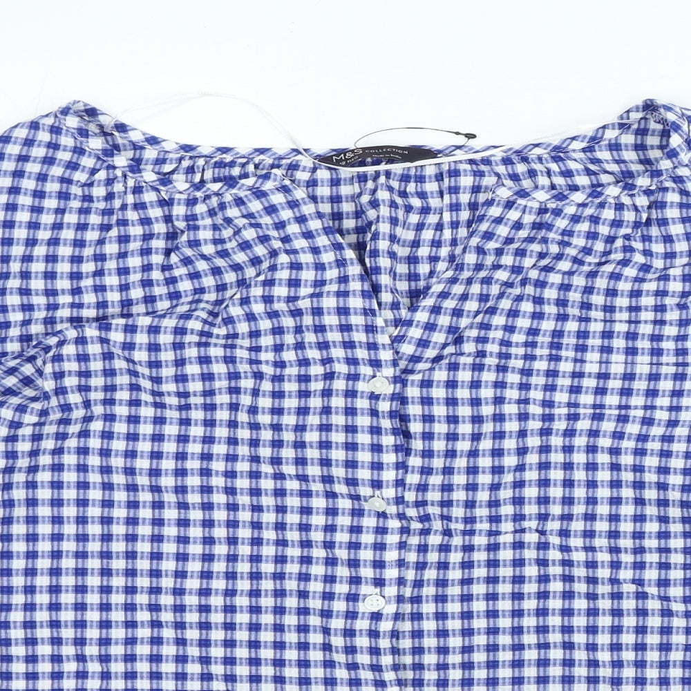 Marks and Spencer Womens Blue Check Cotton Basic Blouse Size 18 Square Neck