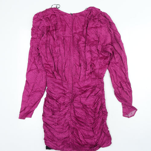 Zara Womens Pink Polka Dot Viscose Bodycon Size S V-Neck Zip