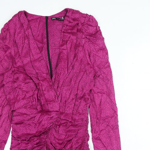 Zara Womens Pink Polka Dot Viscose Bodycon Size S V-Neck Zip