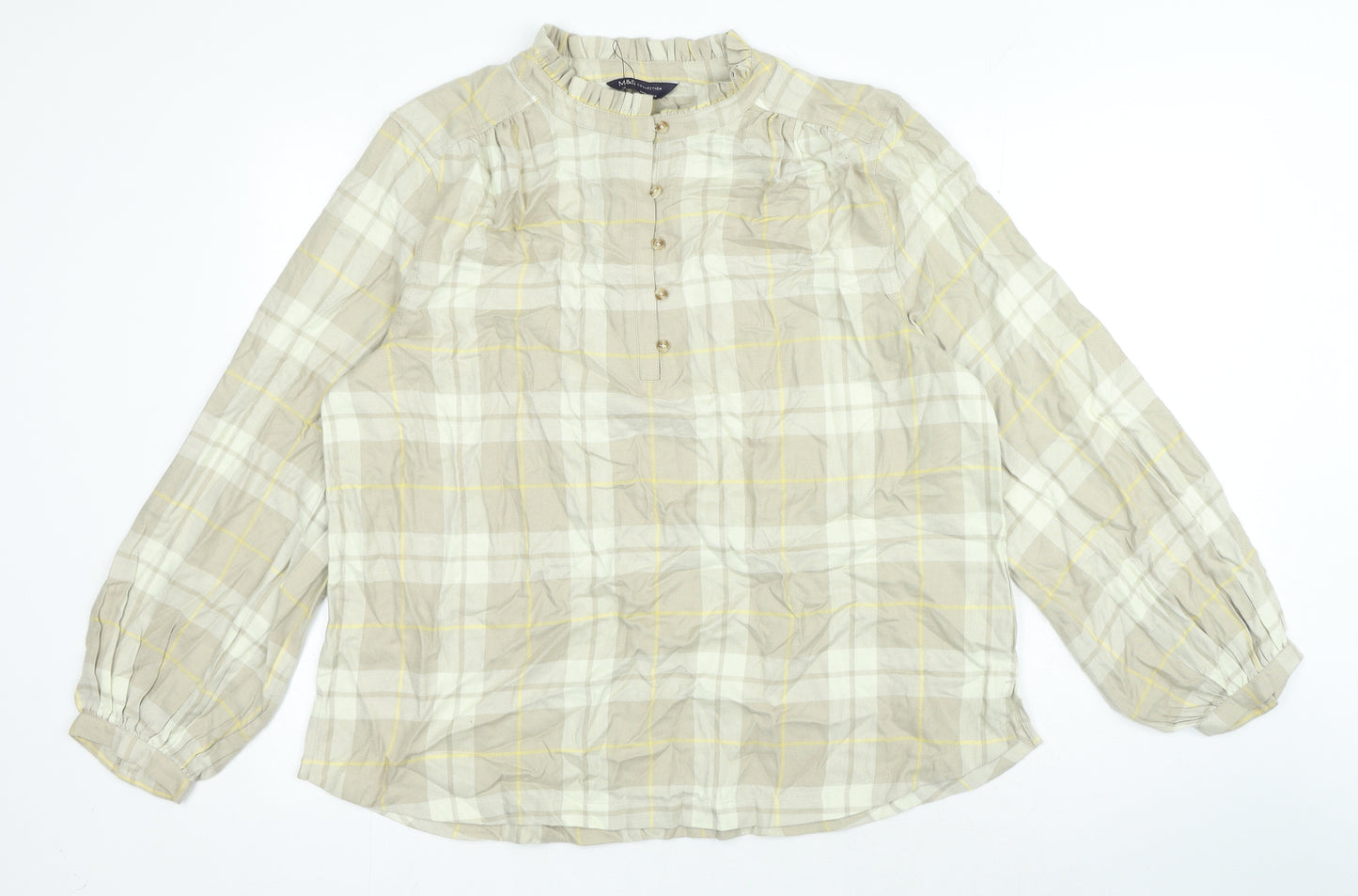 Marks and Spencer Womens Beige Check Viscose Basic Blouse Size 16 Crew Neck