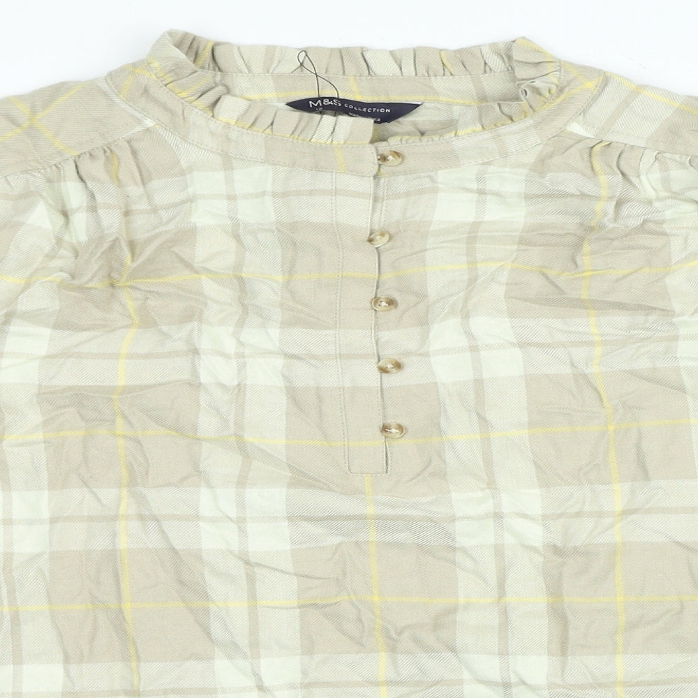 Marks and Spencer Womens Beige Check Viscose Basic Blouse Size 16 Crew Neck