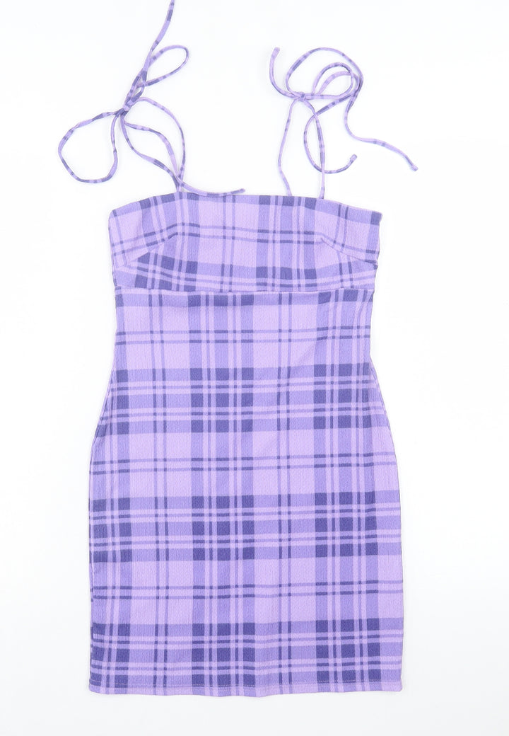Aso Womens Purple Plaid Polyester Bodycon Size 8 Square Neck Pullover