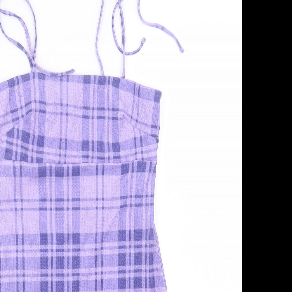 Aso Womens Purple Plaid Polyester Bodycon Size 8 Square Neck Pullover