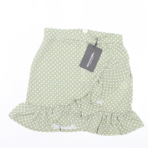 PRETTYLITTLETHING Womens Green Polka Dot Polyester Wrap Skirt Size 6 Zip