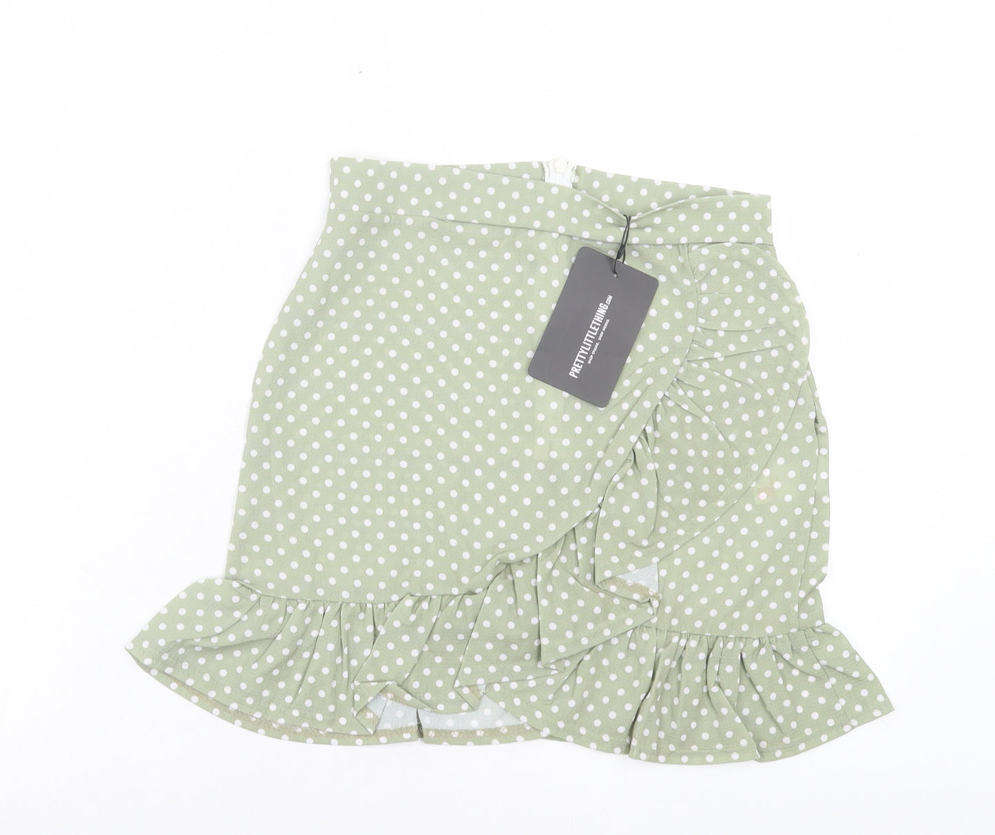 PRETTYLITTLETHING Womens Green Polka Dot Polyester Wrap Skirt Size 6 Zip