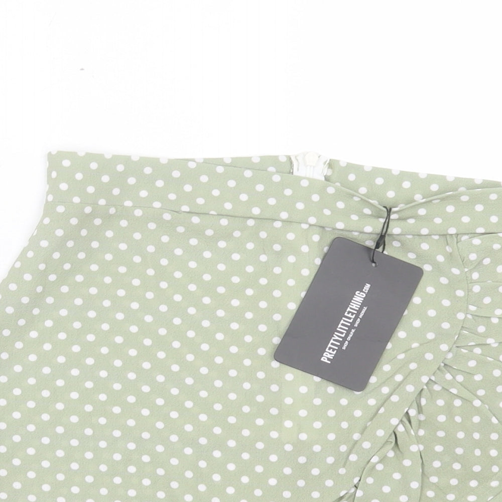 PRETTYLITTLETHING Womens Green Polka Dot Polyester Wrap Skirt Size 6 Zip